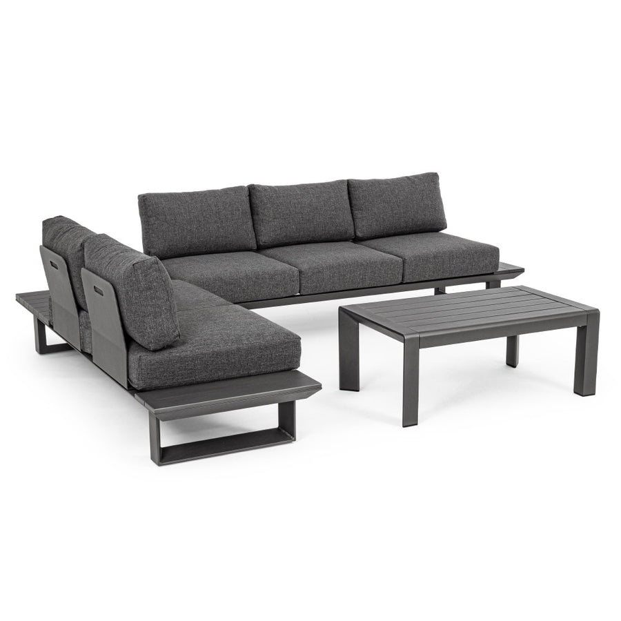 Konnor fekete L alakú kerti sarokkanapé alumínium vázzal és dohányzóasztallal