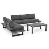 Konnor fekete L alakú kerti sarokkanapé alumínium vázzal és dohányzóasztallal