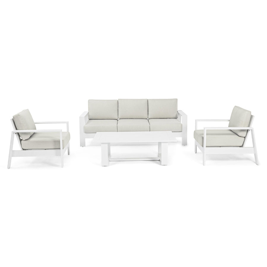 Kortárs stílusú, négy részes, fehér színű, fém kerti bútor szett szürke színű, olefin kárpitozású ülőfelülettel