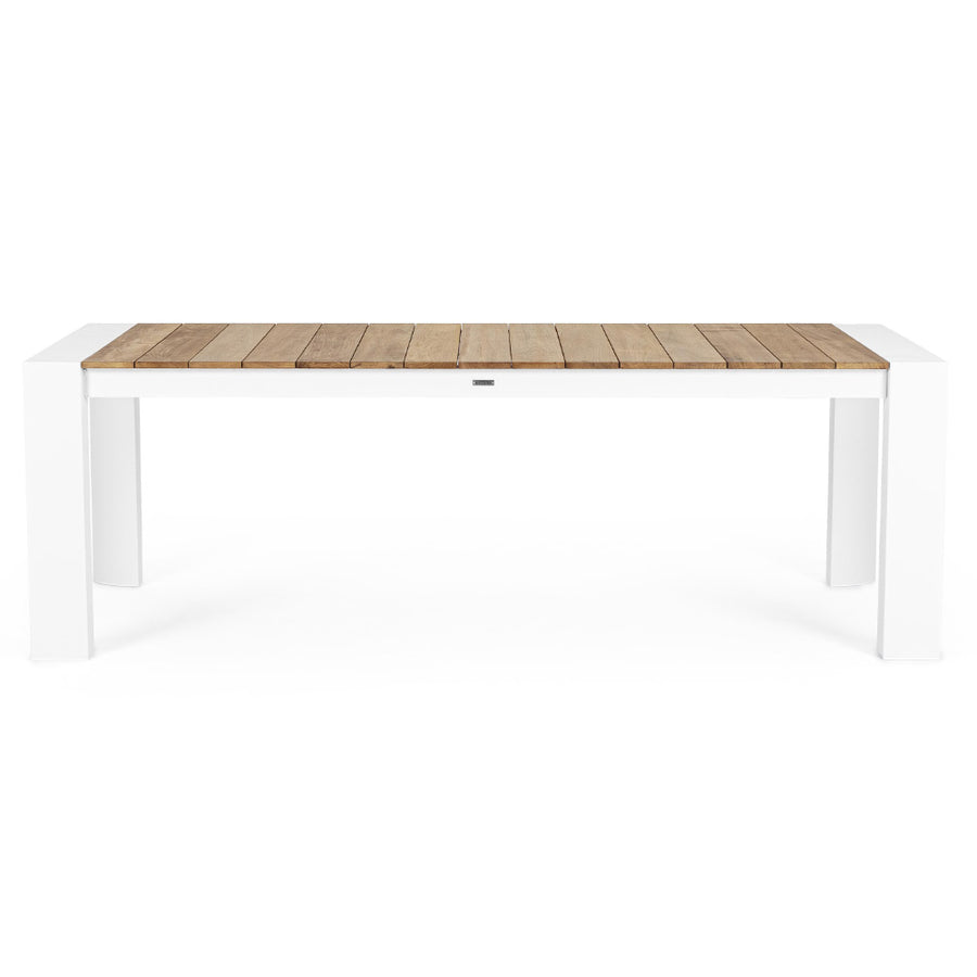 Bővíthető, fehér színű alumínium étkezőasztal natúr színű teakfa fedlappal.