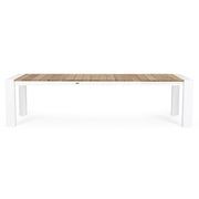 Bővíthető, fehér színű alumínium étkezőasztal natúr színű teakfa fedlappal.