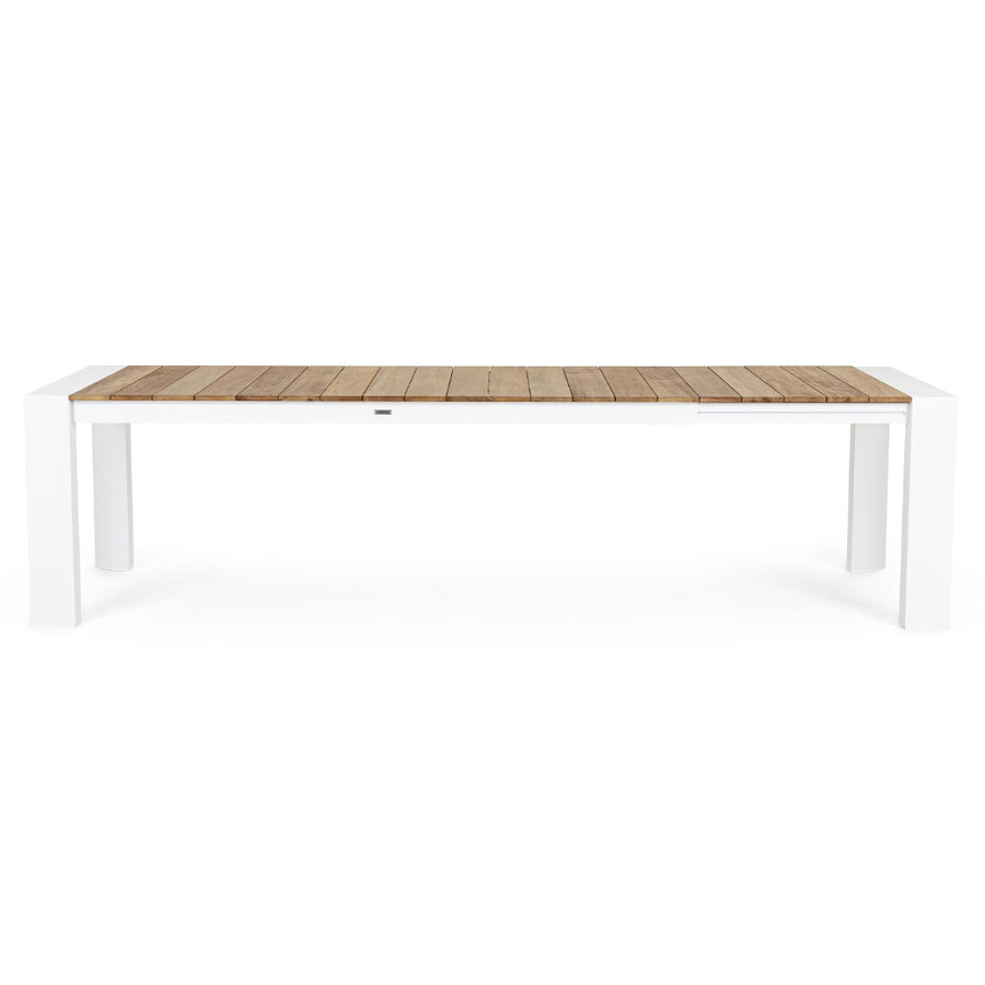 Bővíthető, fehér színű alumínium étkezőasztal natúr színű teakfa fedlappal.