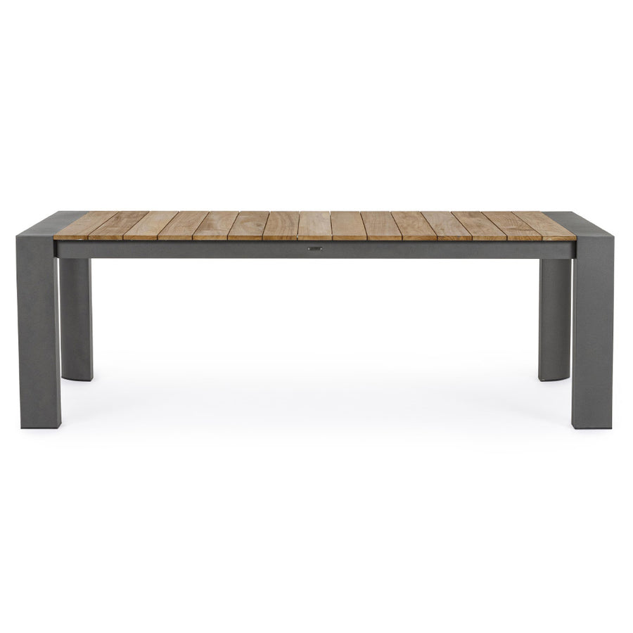 Bővíthető, sötétszürke színű alumínium étkezőasztal natúr színű teakfa fedlappal.