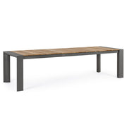 Bővíthető, sötétszürke színű alumínium étkezőasztal natúr színű teakfa fedlappal.