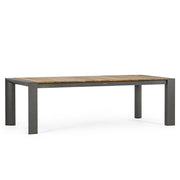 Óriás méretű, bővíthető, sötétszürke színű alumínium étkezőasztal natúr színű teakfa fedlappal.