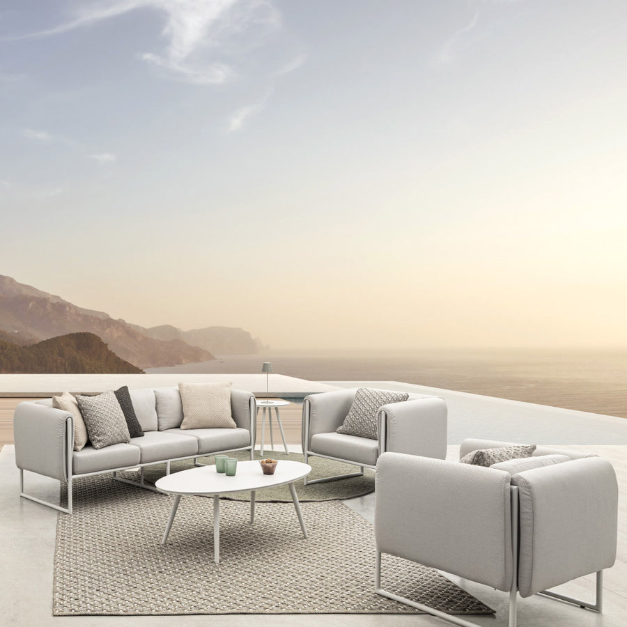 Kortárs stílusú, fehér és bézs színű, alumíniumvázas, 3 személyes kerti design kanapé