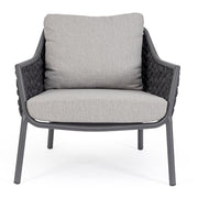 Szürke színű, design kerti fotel alumínium vázzal, kötélfonat burkolattal
