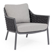 Szürke színű, design kerti fotel alumínium vázzal, kötélfonat burkolattal