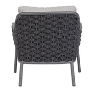 Szürke színű, design kerti fotel alumínium vázzal, kötélfonat burkolattal