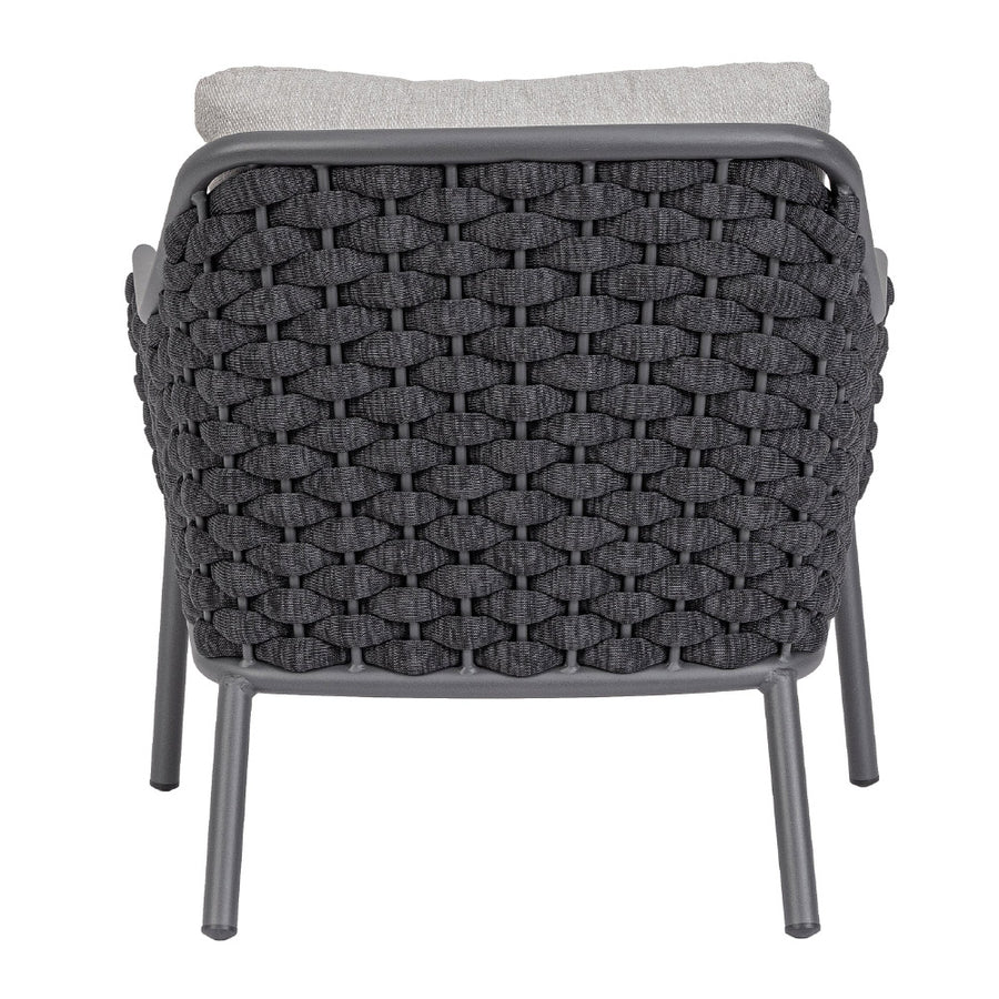 Szürke színű, design kerti fotel alumínium vázzal, kötélfonat burkolattal