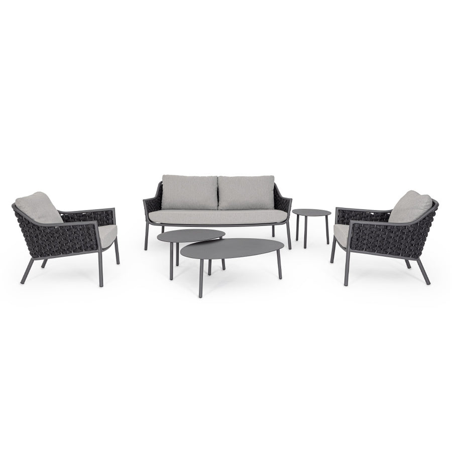 Szürke színű, design kerti fotel alumínium vázzal, kötélfonat burkolattal