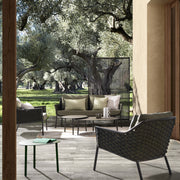 Olívazöld színű, design kerti fotel alumínium vázzal, kötélfonat burkolattal