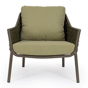 Olívazöld színű, design kerti fotel alumínium vázzal, kötélfonat burkolattal