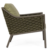 Olívazöld színű, design kerti fotel alumínium vázzal, kötélfonat burkolattal