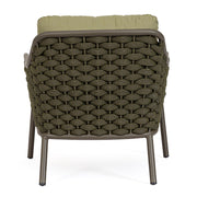 Olívazöld színű, design kerti fotel alumínium vázzal, kötélfonat burkolattal