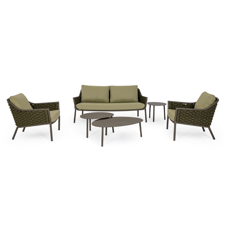 Olívazöld színű, design kerti fotel alumínium vázzal, kötélfonat burkolattal