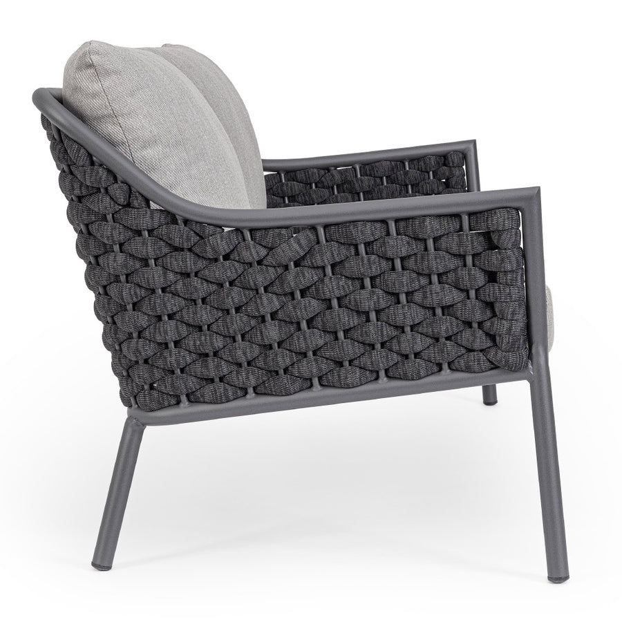 Kétszemélyes, szürke színű, design kerti kanapé alumínium vázzal, kötélfonat burkolattal