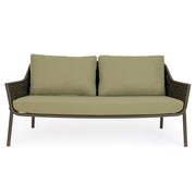 Kétszemélyes, olívazöld színű, design kerti kanapé alumínium vázzal, kötélfonat burkolattal