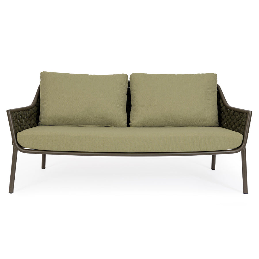 Kétszemélyes, olívazöld színű, design kerti kanapé alumínium vázzal, kötélfonat burkolattal