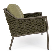 Kétszemélyes, olívazöld színű, design kerti kanapé alumínium vázzal, kötélfonat burkolattal