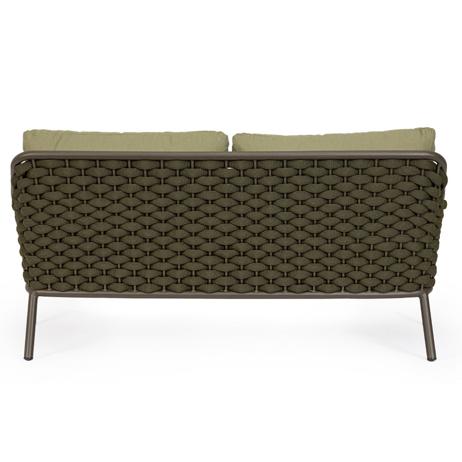 Kétszemélyes, olívazöld színű, design kerti kanapé alumínium vázzal, kötélfonat burkolattal