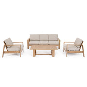 Kortárs stílusú, négy részes, fahatású fém kerti bútor szett bézs színű, olefin kárpitozású ülőfelülettel