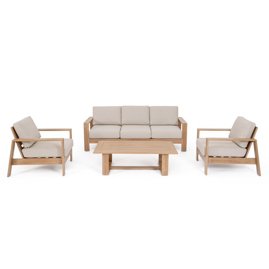 Kortárs stílusú, négy részes, fahatású fém kerti bútor szett bézs színű, olefin kárpitozású ülőfelülettel