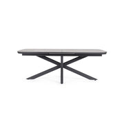 Kortárs, grafitszürke színű, alumíniumvázas, bővíthető kültéri étkezőasztal szinterezett kő fedlappal.