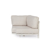 Kortárs bézs alumíniumból készült, kerti ülőgarnitúra homokszínű ülő- és hátpárnákkal.