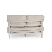 Kortárs bézs alumíniumból készült, kerti ülőgarnitúra homokszínű ülő- és hátpárnákkal.