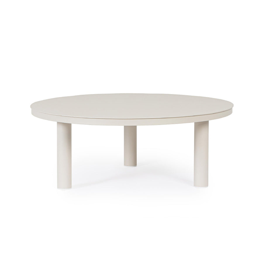 Kortárs bézs alumíniumból készült, kerti ülőgarnitúra homokszínű ülő- és hátpárnákkal.