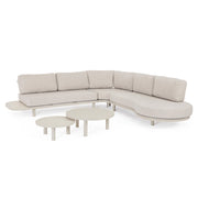 Kortárs bézs alumíniumból készült, kerti ülőgarnitúra homokszínű ülő- és hátpárnákkal.