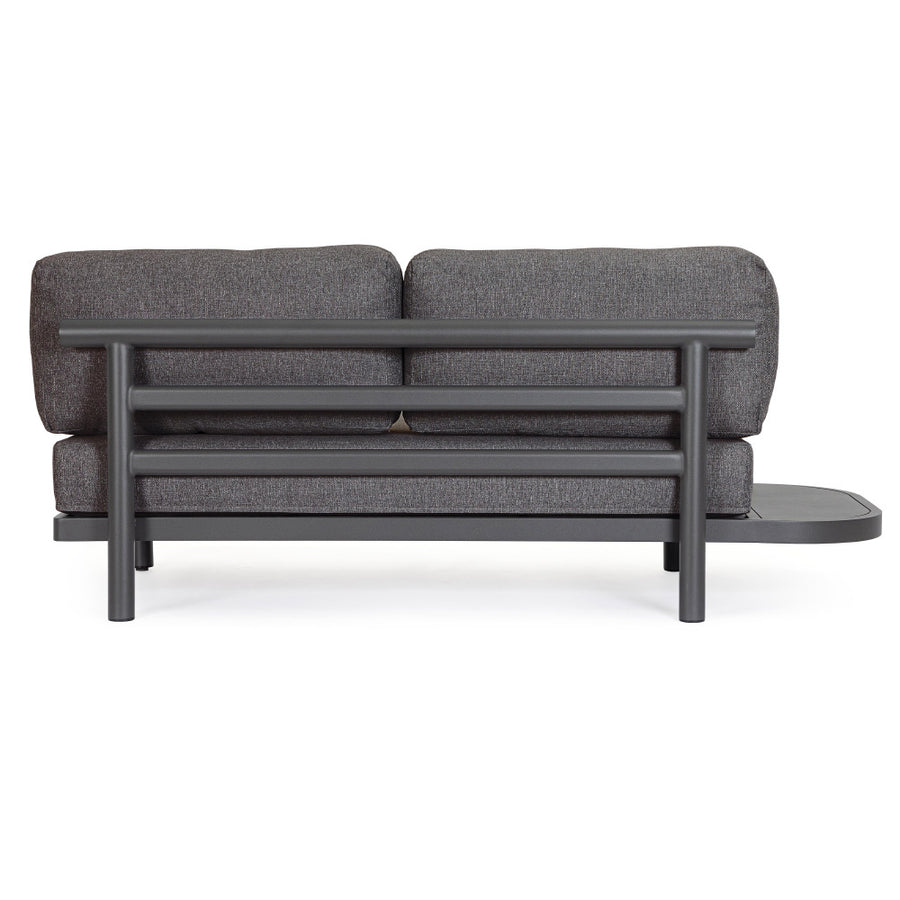 Kortárs fekete alumíniumból készült, kerti ülőgarnitúra grafitszürke ülő- és hátpárnákkal.