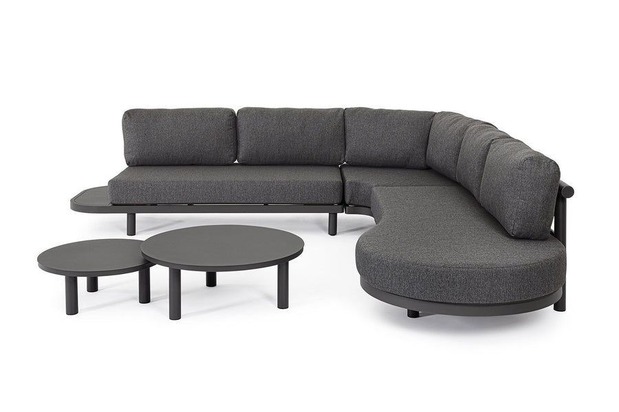 Kortárs fekete alumíniumból készült, kerti ülőgarnitúra grafitszürke ülő- és hátpárnákkal.