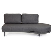 Kortárs fekete alumíniumból készült, kerti ülőgarnitúra grafitszürke ülő- és hátpárnákkal.