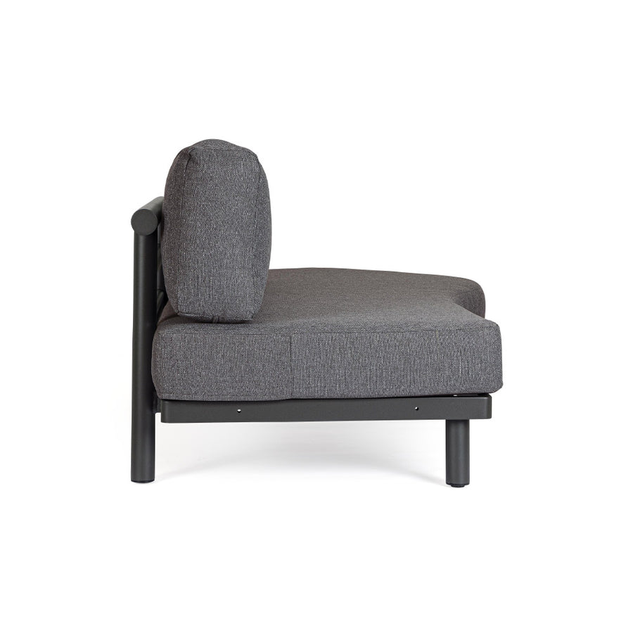 Kortárs fekete alumíniumból készült, kerti ülőgarnitúra grafitszürke ülő- és hátpárnákkal.