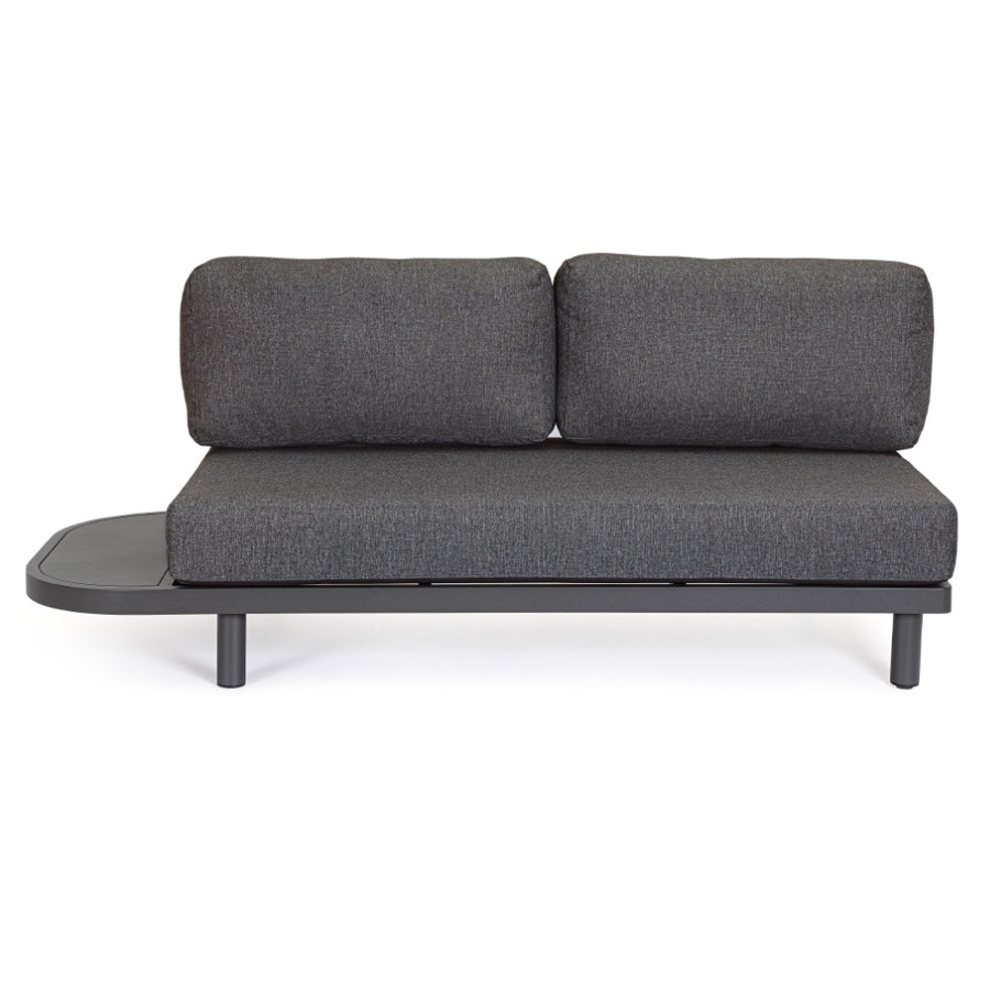 Kortárs fekete alumíniumból készült, kerti ülőgarnitúra grafitszürke ülő- és hátpárnákkal.