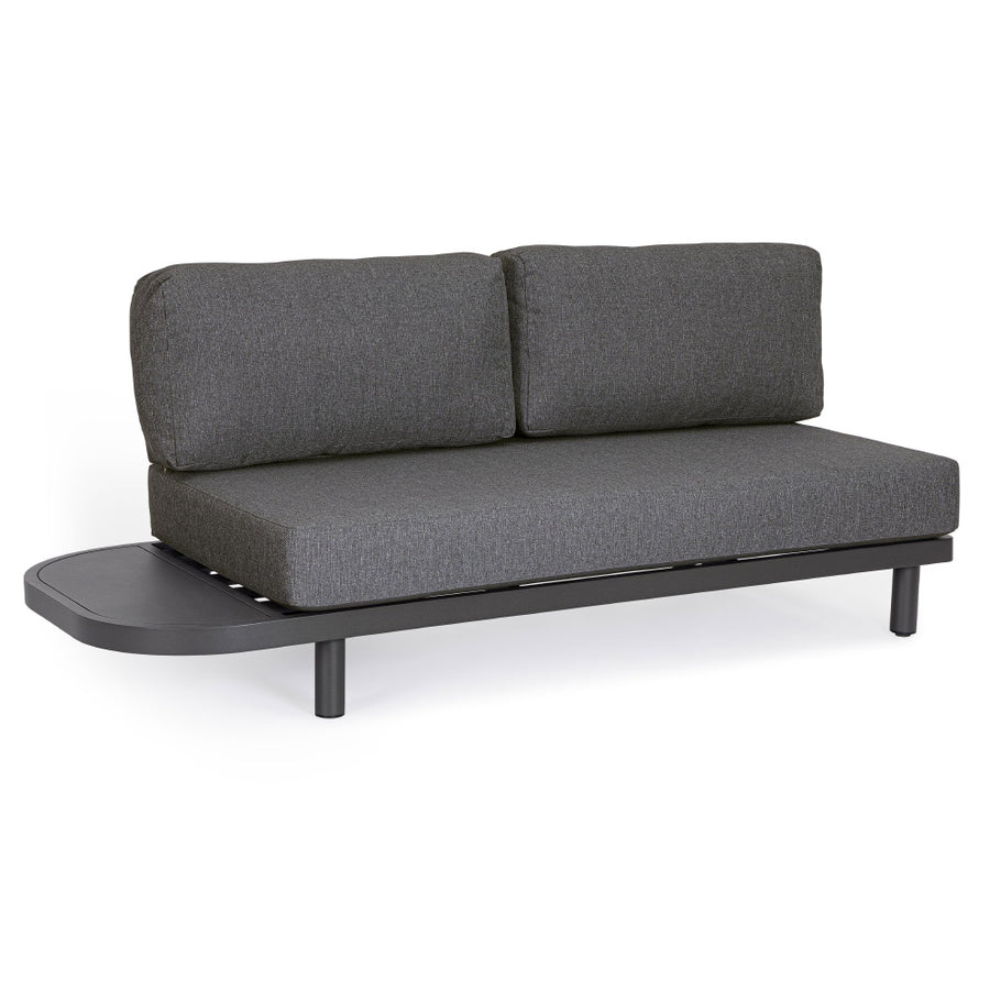 Kortárs fekete alumíniumból készült, kerti ülőgarnitúra grafitszürke ülő- és hátpárnákkal.