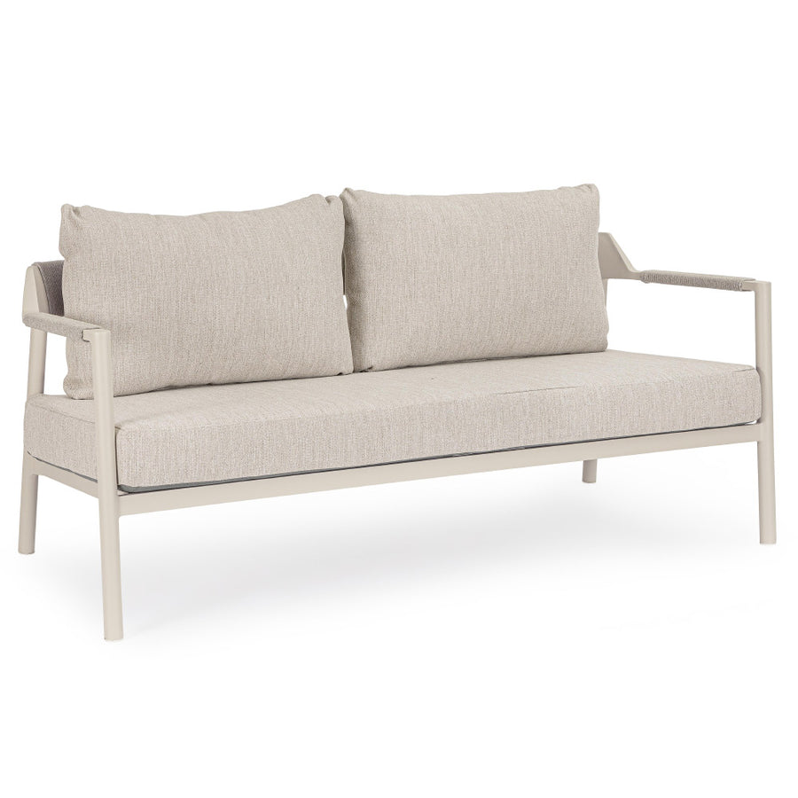 Kortárs, bézs alumíniumból készült,  kerti ülőgarnitúra homokszínű ülő- és hátpárnákkal.