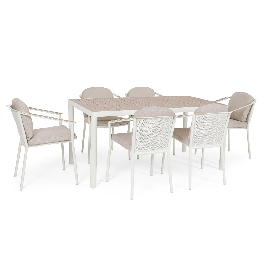 Kalimera 7 darabos fehér alumínium kerti étkezőgarnitúra bézs párnás székekkel – teljes szett nézet