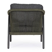 Miravet kültéri fotel fekete színű alumínium vázzal és olefin párnával hátoldali nézet olajzöld kötélfonattal