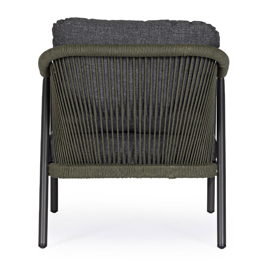 Miravet kültéri fotel fekete színű alumínium vázzal és olefin párnával hátoldali nézet olajzöld kötélfonattal