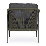 Miravet kültéri fotel fekete színű alumínium vázzal és olefin párnával hátoldali nézet olajzöld kötélfonattal