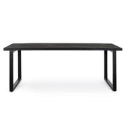 Nagy méretű, kortárs stílusú, fekete színű mangófa étkezőasztal fém lábakon.