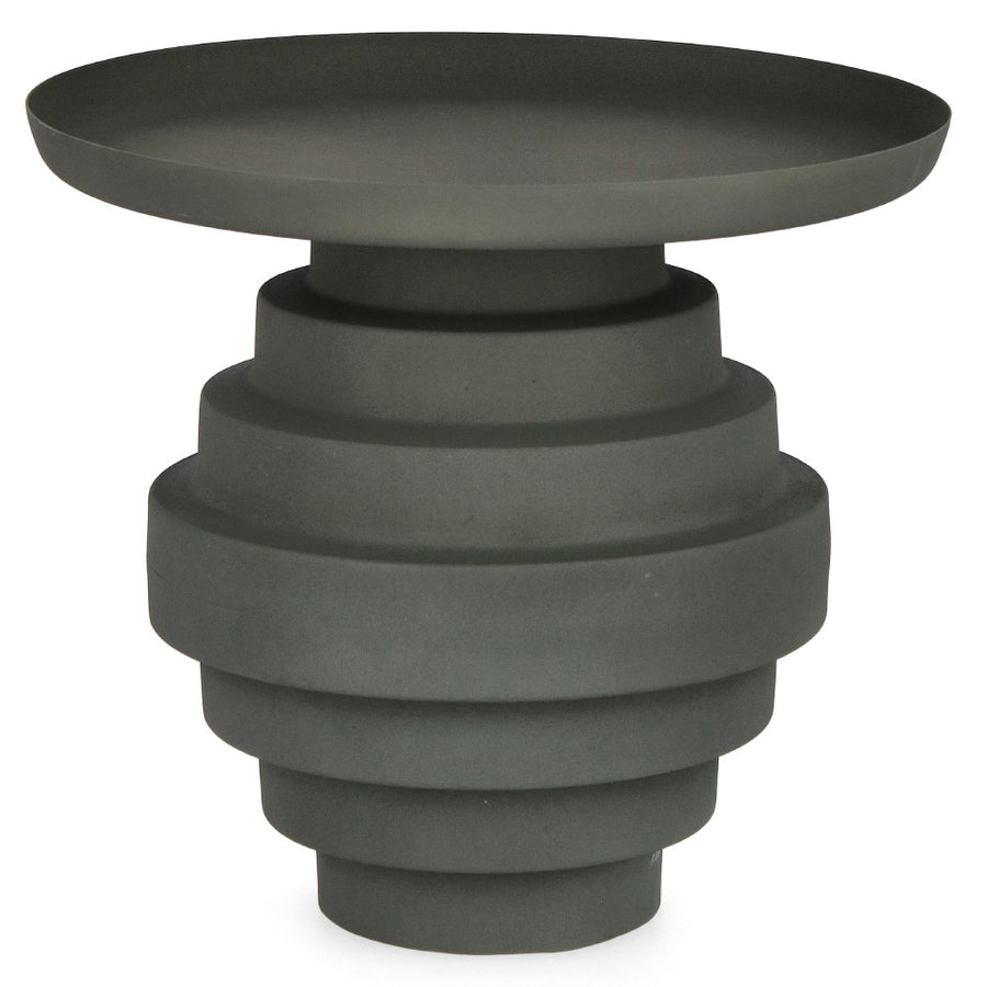 Kortárs stílusú, 40 cm átmérőjű, matt szürkészöld színű, fém kisasztal