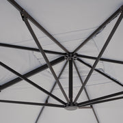 Eloxált alumíniumvázas prémium napernyő, halványszürke polieszter ponyvával, és 360°-os elforgathatósággal.