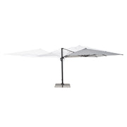 Eloxált alumíniumvázas prémium napernyő, halványszürke polieszter ponyvával, és 360°-os elforgathatósággal.