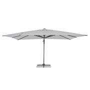 Eloxált alumíniumvázas prémium napernyő, halványszürke polieszter ponyvával, és 360°-os elforgathatósággal.