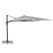 Eloxált alumíniumvázas prémium napernyő, halványszürke polieszter ponyvával, és 360°-os elforgathatósággal.
