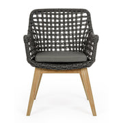 Kortárs stílusú, alumínium vázas, fekete színű kerti szék rostfonatokkal és natúr színű teakfa lábakkal